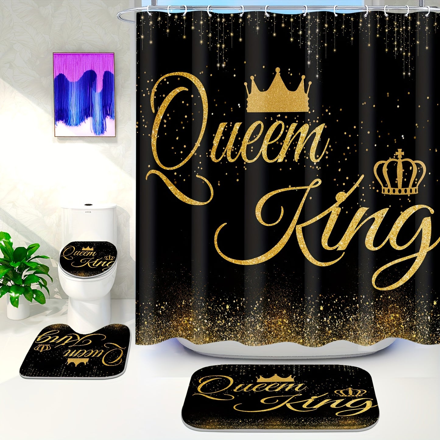 Royal shower curtain set with hooks, bathroom rugs, and crown motif design. Water-resistant polyester, machine washable. Includes non-slip U-shaped mat and toilet lid cover.