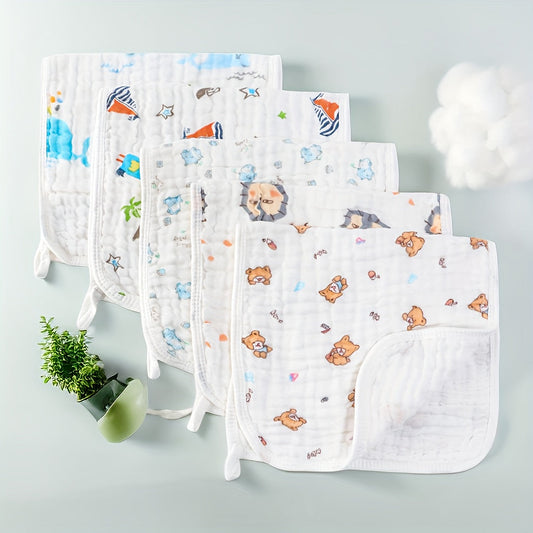 Baby burp cloths made of muslin for boys and girls, each measuring 50.8cmX25.4cm. Featuring 6 layers for extra thickness and super soft absorbency. Each pack contains 5 pieces.