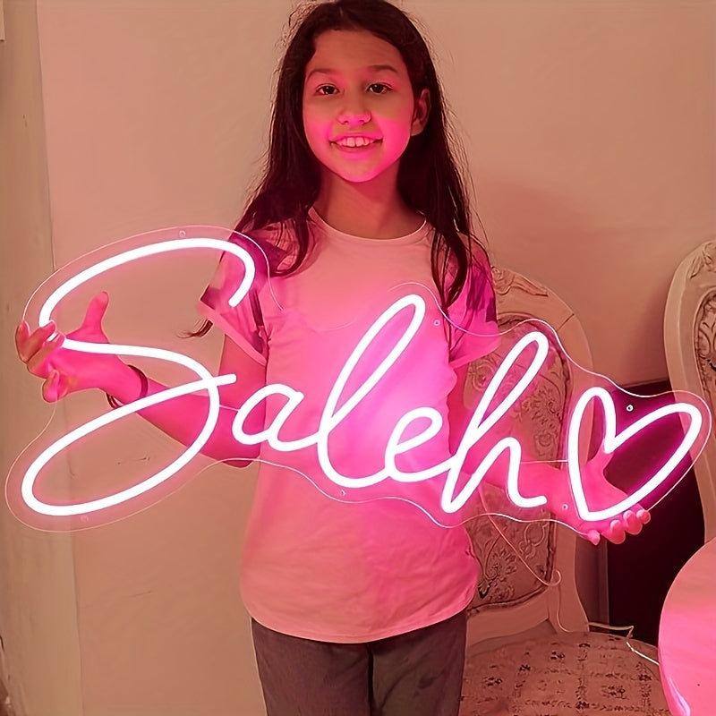 Personalized LED neon sign with dimmer, USB powered. Ideal for bedroom, parties, weddings, and birthdays. Made of plastic, single color, non-wireless with no battery needed.