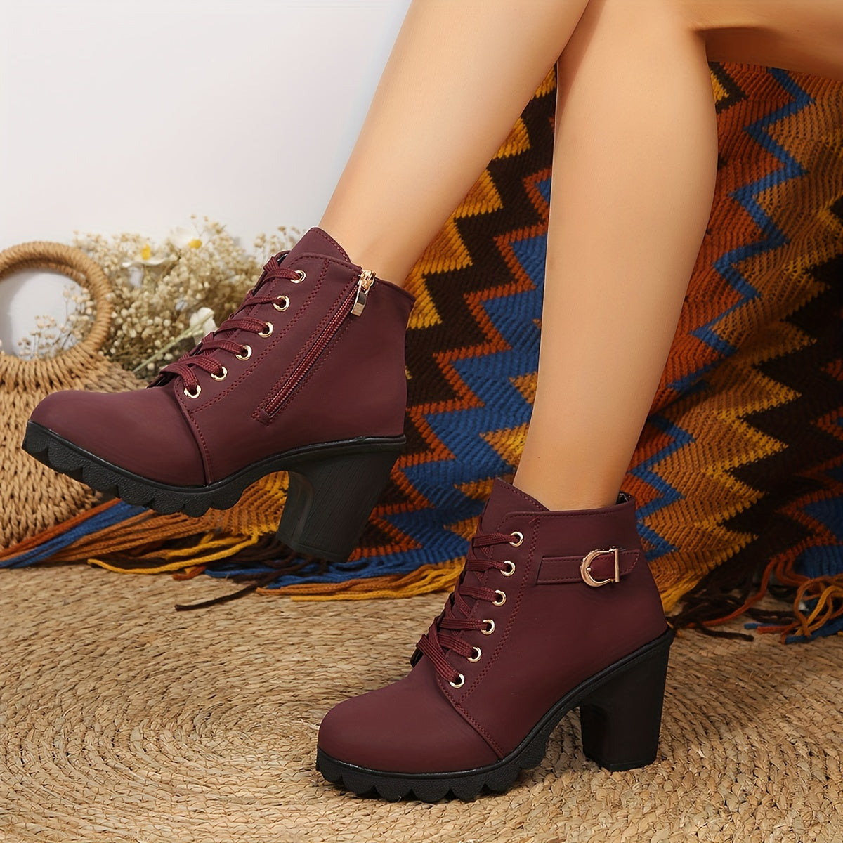 Chunky heel lace-up ankle boots for women, with side zipper.