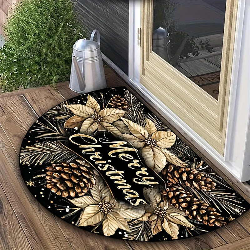 Get into the holiday spirit with our Christmas Cheer Semi-Circle Doormat featuring a festive Golden Pinecone & Jewelry Design. This non-slip, machine washable polyester rug is perfect for your living room, bedroom, game room, or cafe entrance. Add a