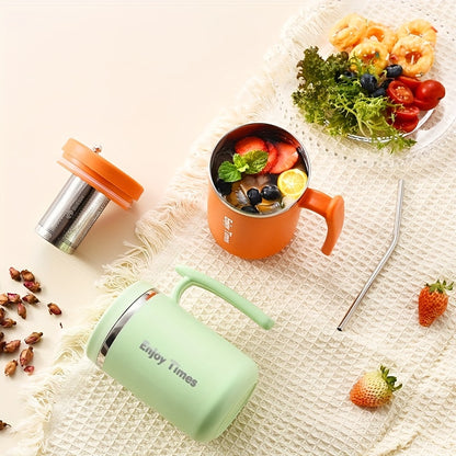 Stylish stainless steel coffee mug with straw, handle, perfect for office, reading, camping. Available in orange, light blue, cream, ideal for drinking coffee or tea.