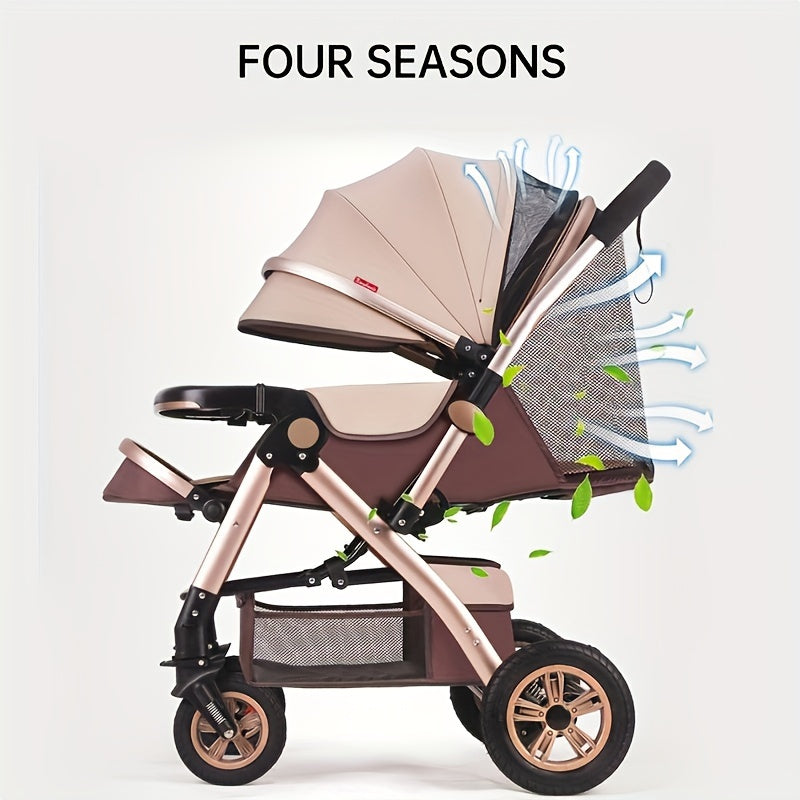 Elegant khaki and brown striped stroller for kids with high carbon steel frame, one-handed fold, storage bag, canopy, front-facing design, single seat, flat recline, perfect for everyday