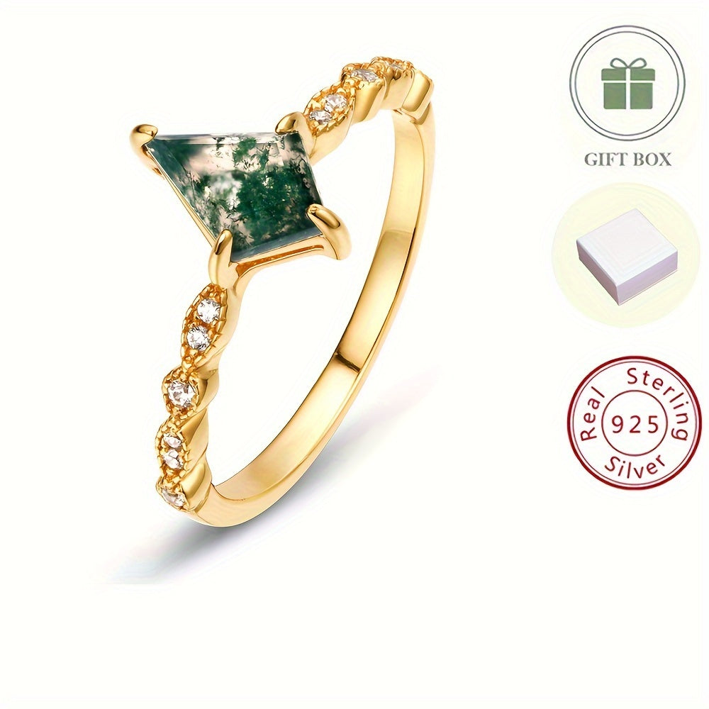 925 Silver Ring with Green Moss Agate Stone for Women, featuring a 6*9mm stone with Water Grass Agate. This European and American light luxury finger ring is gold-plated and weighs 1.49g.