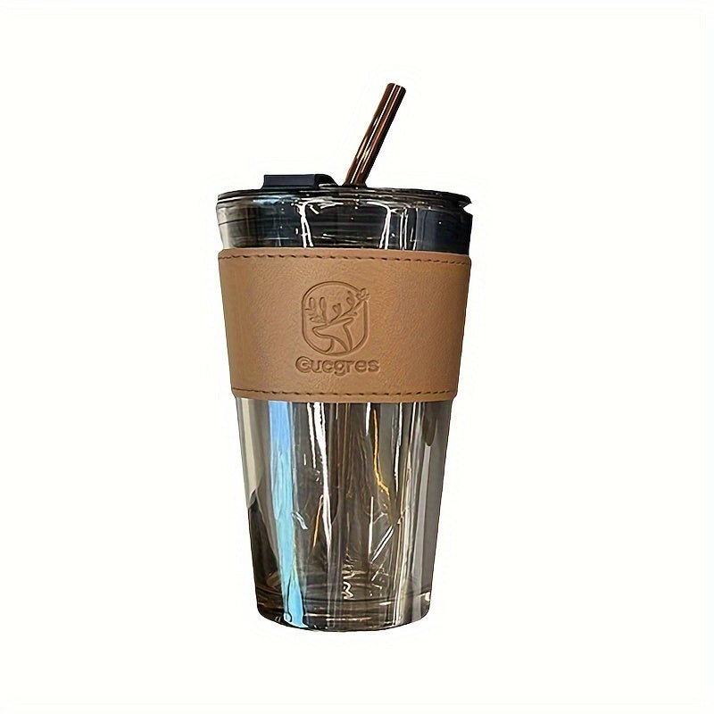 Stylish bamboo-inspired glass mug with straw, ideal for coffee and milk tea