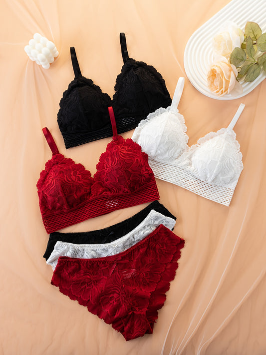 Elegant lace bra and panty set, comfortable wireless design with spaghetti straps and bow decorations. Women's lingerie and underwear set of 3 pieces.