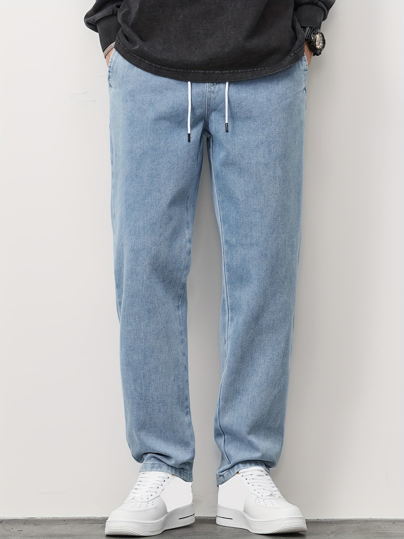 New style for Spring and Autumn 2024: Men's straight-leg denim pants from Japanese and Korean brand, Gengyuan. Loose fit, versatile, and fashionable drawstring sports casual cropped