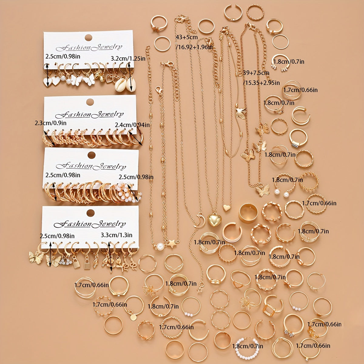 Chic Jewelry Set for Women - 120 pieces including Earrings, Rings & Necklaces featuring Heart, Butterfly, and Geometric Designs. Ideal for Daily Wear, Dates, Vacations, Parties, and Anniversaries. Box not included.