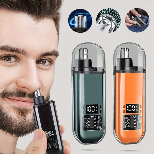 Men's USB rechargeable nose and ear hair trimmer with mini compact design. Fast charging via computer and car USB interface. Suitable for ages 14+. Made of plastic.