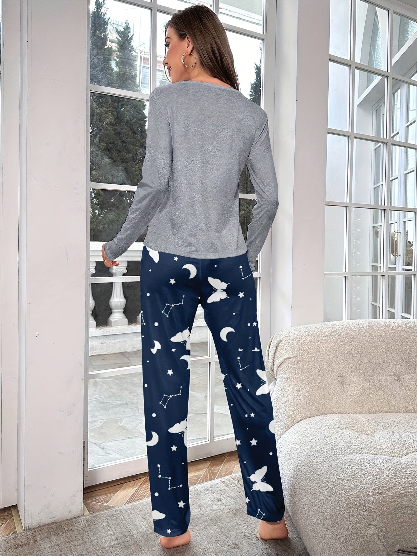 Butterfly Starry Sky Print Long Sleeve Pajama Set