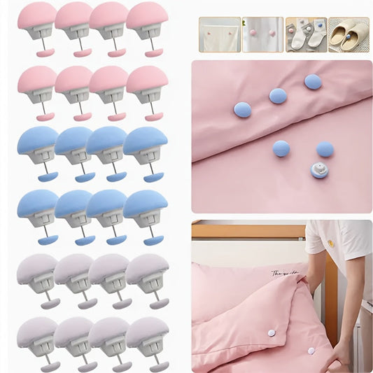 Secure your quilts and sheets with ease using the Multifunctional Mushroom Shape Duvet Clips. These removable and reusable clips feature easy-to-unlock fastening for curtains and socks, ensuring a comfortable night's sleep.