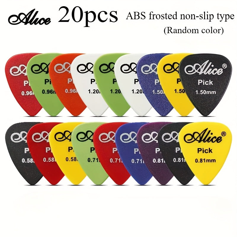 Alice Guitar Pick Set: 20pcs with various colors and thickness ranging from 0.58 to 1.5mm. Suitable for acoustic, electric, and bass guitars.