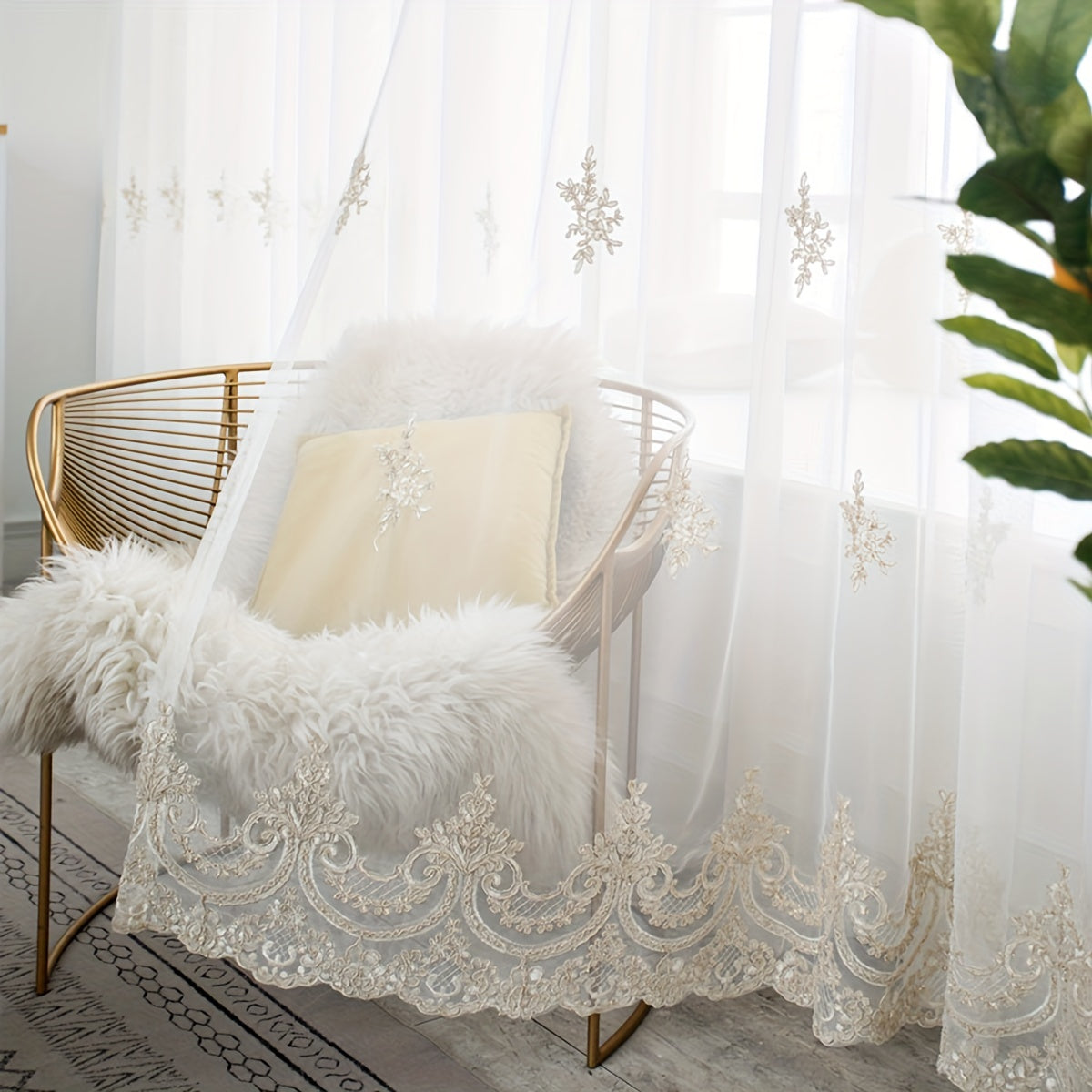 Beautiful French-style sheer curtain with delicate embroidery, featuring small flowers in a European design. This white translucent curtain is perfect for adding a touch of elegance to your living room or bedroom. Complete with a rod pocket for easy