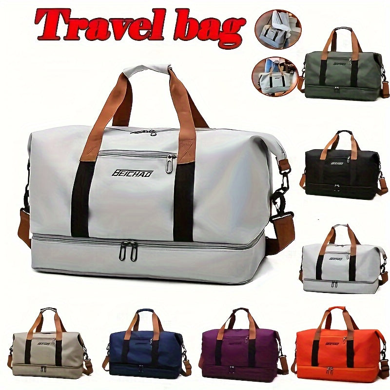 Spacious travel duffel bag with lightweight design, featuring durable zippers. Ideal for yoga, outdoor activities, and training.