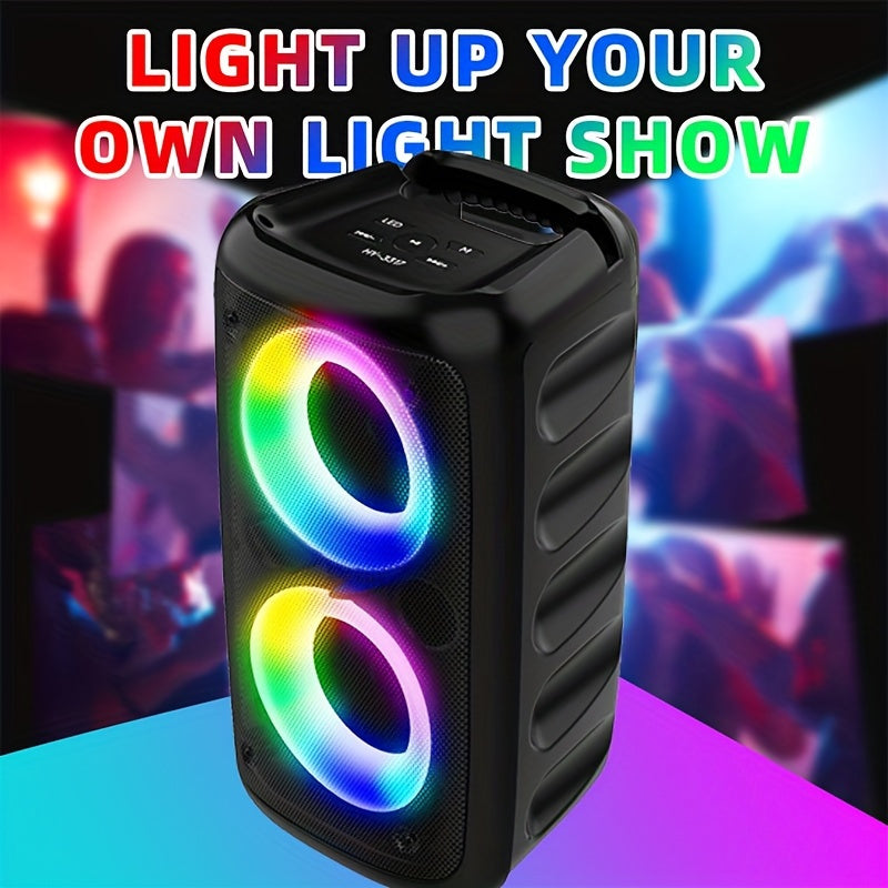 The HY-3317 Wireless Speaker includes a subwoofer, microphone, colorful lights, cinema-quality surround sound, high-capacity battery, bass enhancement, USB port, high-resolution audio