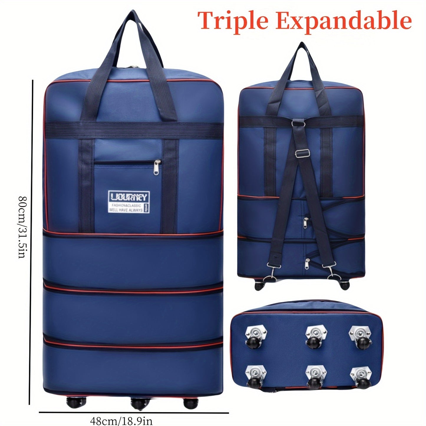 Versatile expandable rolling luggage bag with anti-static spinner wheels, ideal for business, study, and vacation. Features durable polyester construction and waterproof foldable design in