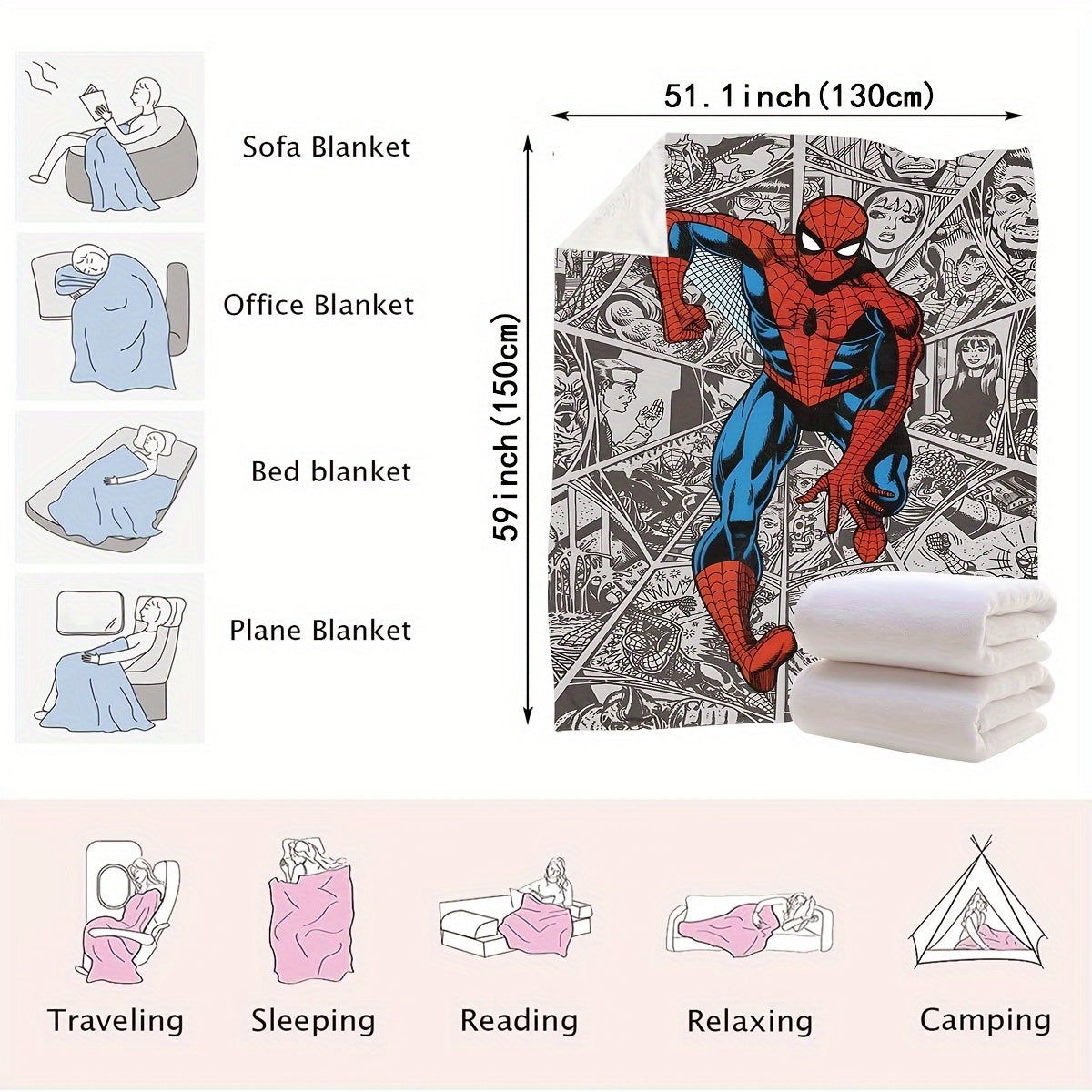 This multi-functional blanket features a vibrant 2024 New Dynamic Spider-Man City Chase comic book page pattern, digitally printed on plush cover material. Perfect for use during nap time, office lunch breaks, on the sofa, in the car, or while traveling.