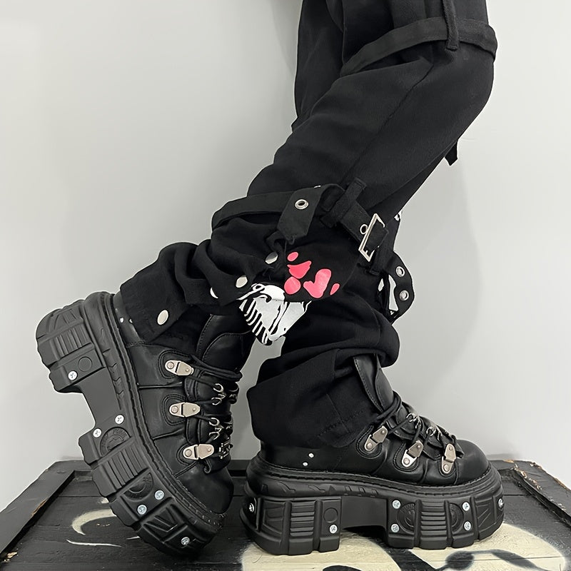 Women's gothic black high-top sneakers with platform heel, round toe, lace-up closure, non-slip sole, metal decoration, and thick high heel sole.