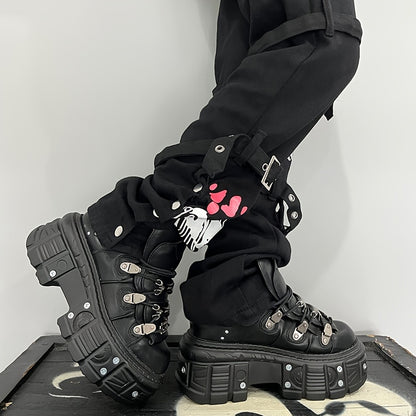 Women's gothic black high-top sneakers with platform heel, round toe, lace-up closure, non-slip sole, metal decoration, and thick high heel sole.