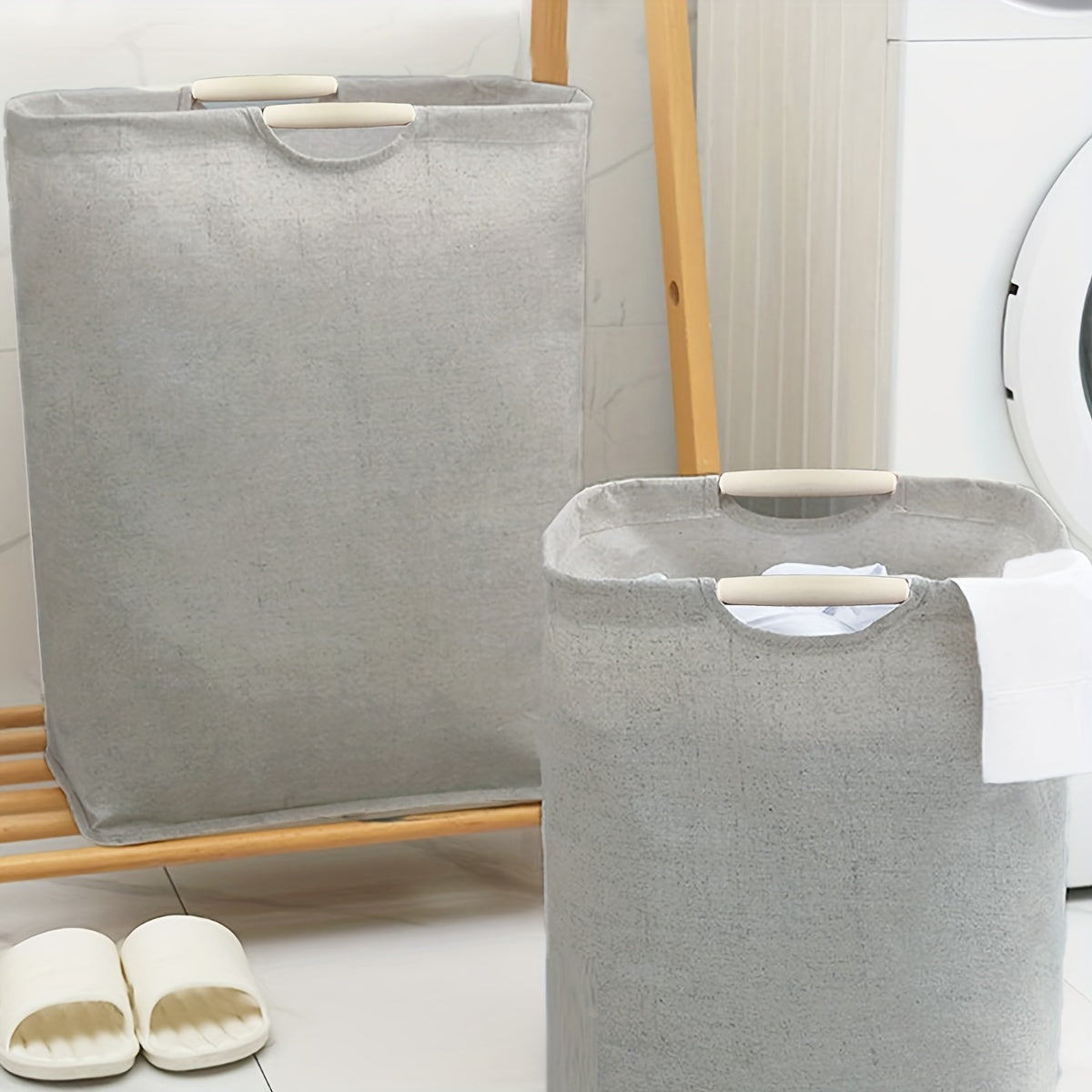 Large Foldable Laundry Basket, available in 1 or 2 pieces. This Freestanding, Waterproof Clothes Storage Basket comes with Easy to Carry Handles, making it perfect for the Laundry Room, Bedroom, Bathroom, or College Dorm. Ideal for organizing and storing