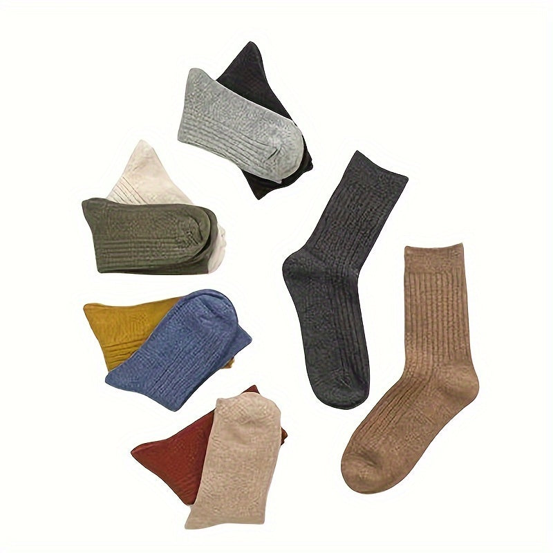 10 pairs of solid ribbed mid tube socks in a casual vintage style for fall and winter, suitable for women.