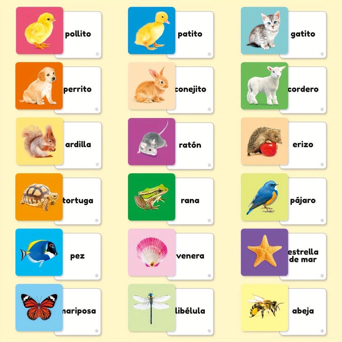 54 Spanish children's animal word learning cards with corresponding image cards, featuring small animals and rounded corners for safety.