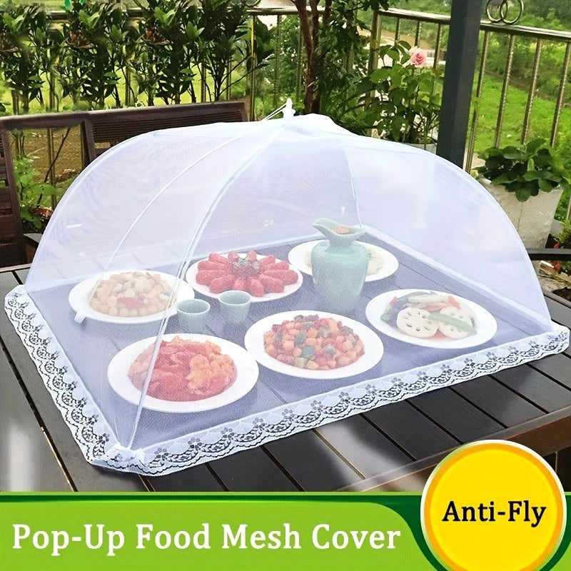 Stay protected from dust, flies, and mosquitoes with our convenient Foldable Umbrella-Shaped Food Tent Cover. Featuring a stylish lace design, this collapsible and portable anti-mosquito mesh cover is perfect for use at home, while camping, or in