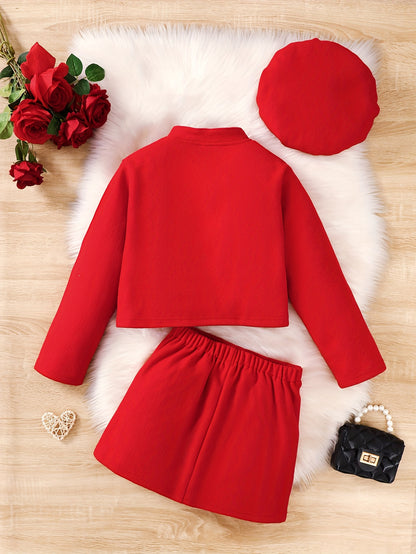 Three-piece set for tween girls in a new Chinese style with stand-up collar and buttoned skirt. Includes red coat, skirt, and beret. Machine washable with fitted design and short skirt