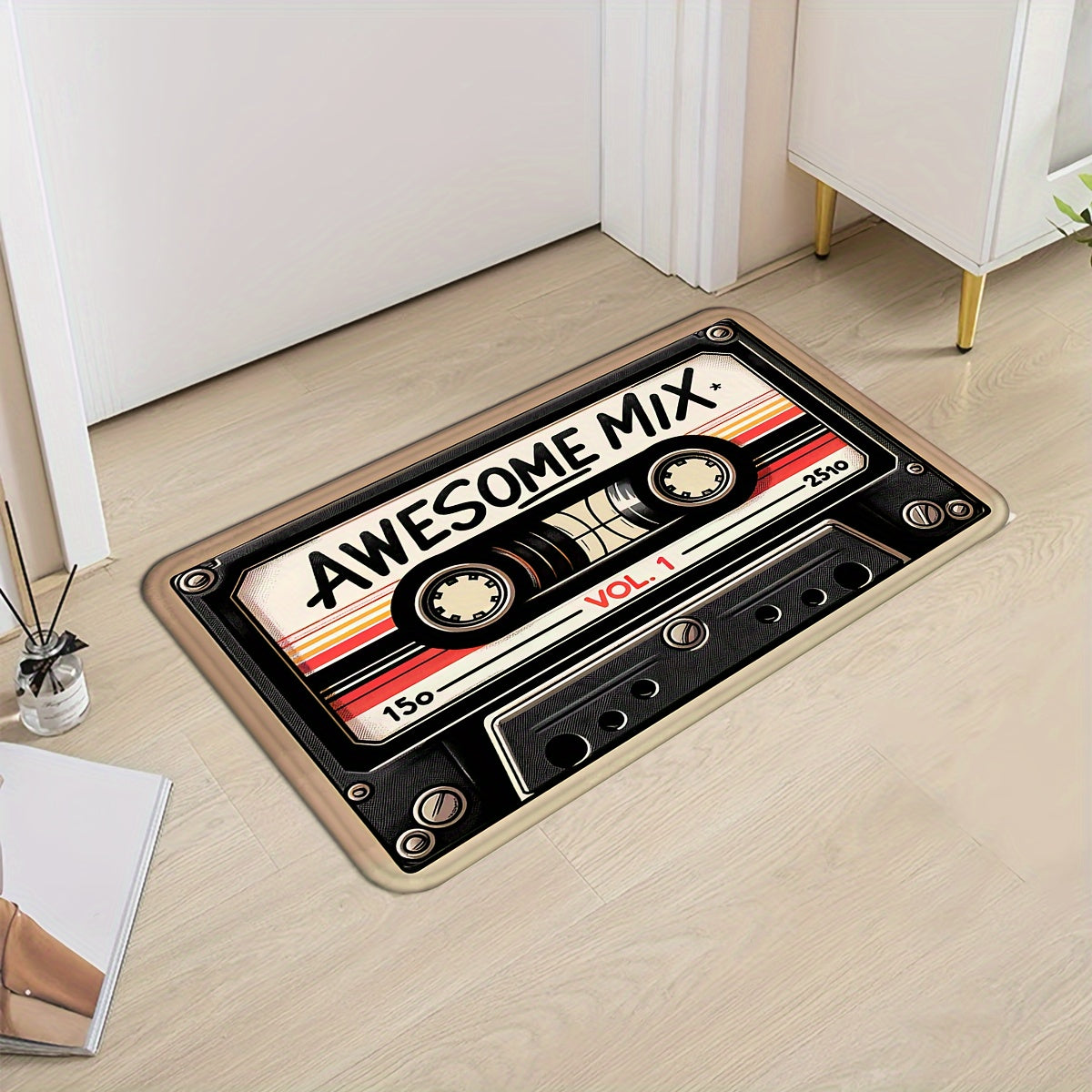 Retro Cassette Tape Welcome Mat - Plush, Anti-Slip & Colorfast Flannel Rug for Any Room - Easy-Care Home Accent