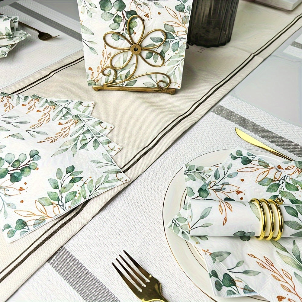 60 Elegant Eucalyptus & Golden Leaf Disposable Napkins - Soft and Absorbent 2-Ply Paper Guest Towels for Parties, Weddings, Birthdays, Baby Showers - Stylish Green & Gold Design, Durable and Tear-Resistant, 33.02x33.02 cm