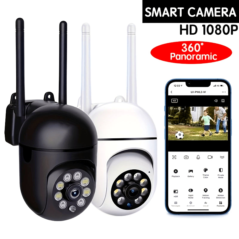 High-definition 2MP 1080P camera with 5G wifi, wireless connectivity, IP monitoring capabilities, PTZ functionality, automatic tracking, alarm notification, and color night vision. Features include floodlight AI sports detection, horizontal rotation of