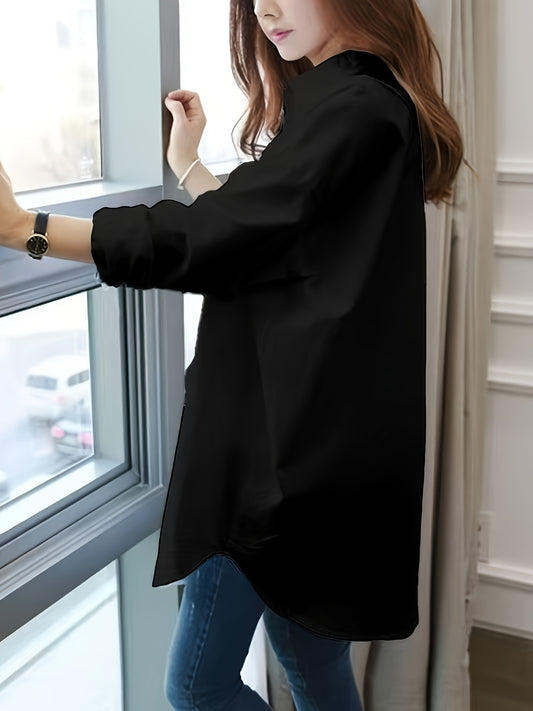 Stylish women's blouse with long sleeves, lapel collar, button detail, mermaid hem, and loose fit for all seasons.