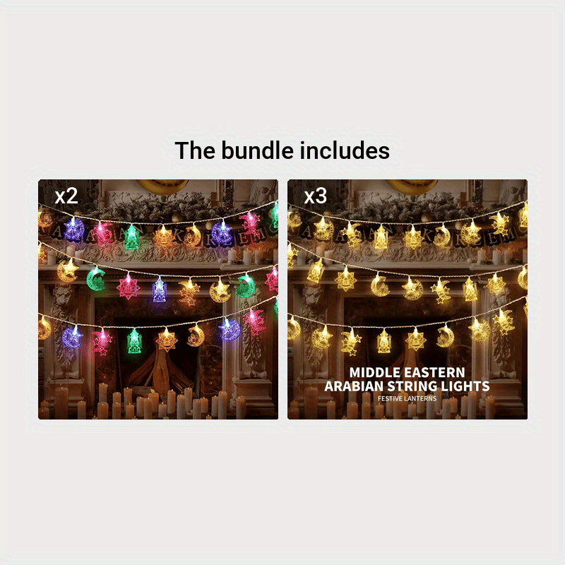 Battery-powered LED string lights designed as decorative palace lanterns featuring stars, moon, and castle design for Middle Eastern festivals and celebrations. Perfect for hanging or