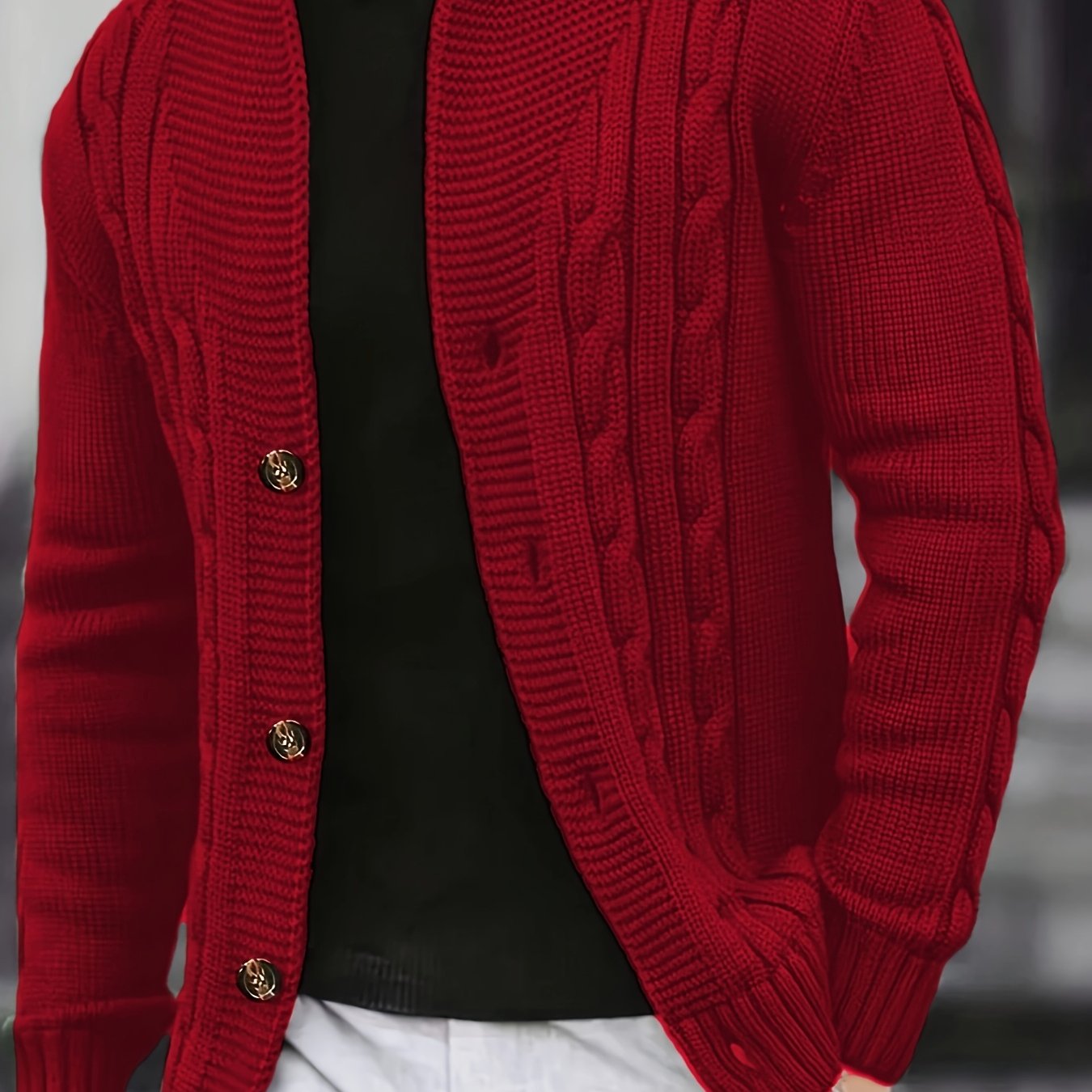 Men's V-neck knitted cardigan with a solid color button, perfect for casual fashion in autumn and winter.