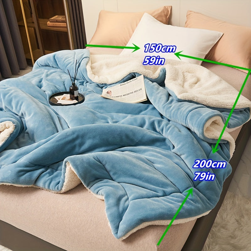 Luxurious double-layer blanket made from soft milk velvet lamb fleece, perfect for staying warm during winter. Can be machine washed and used as a versatile bedding accessory.