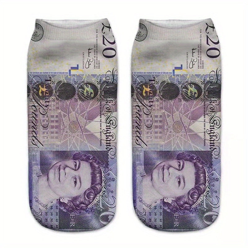 Men's novelty socks featuring various currency designs including US Dollar, Euros, Japanese Yen, and British Pounds.