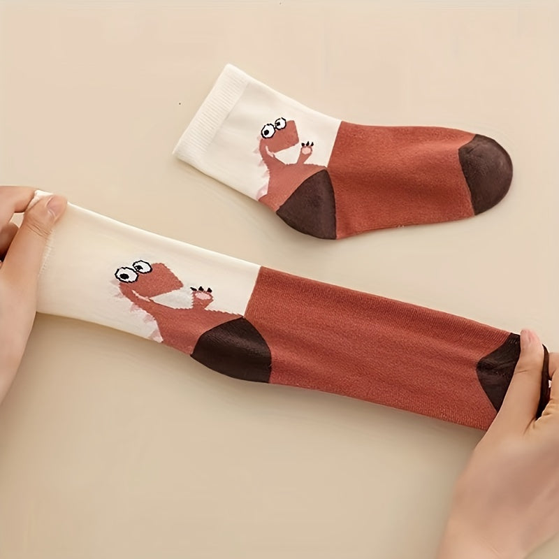 10 pairs of boys' trendy cartoon animal striped and plaid pattern crew socks, breathable and comfy for all seasons wearing.