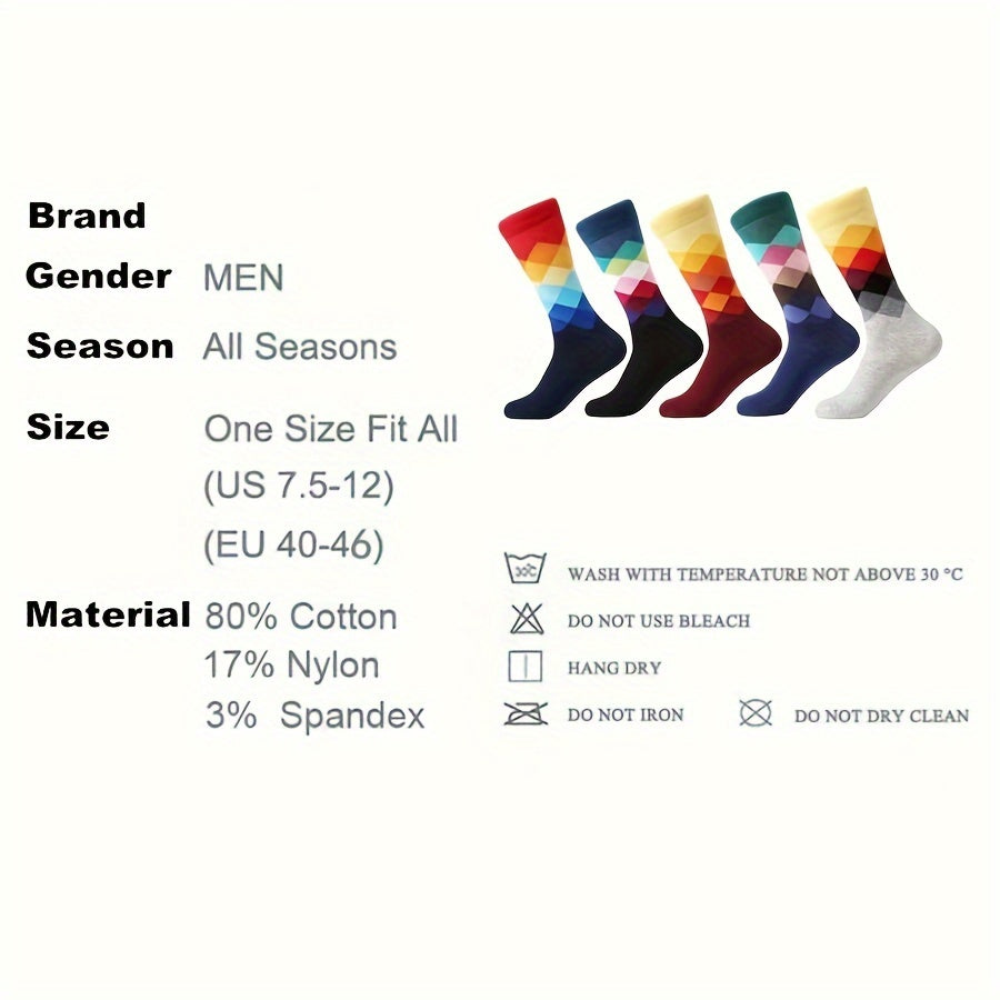 5-Pack Men's Argyle Cotton Socks, Colorful Diamond Pattern, Fashion Contrast Mid-Calf Socks, Hand Wash or Dry Clean