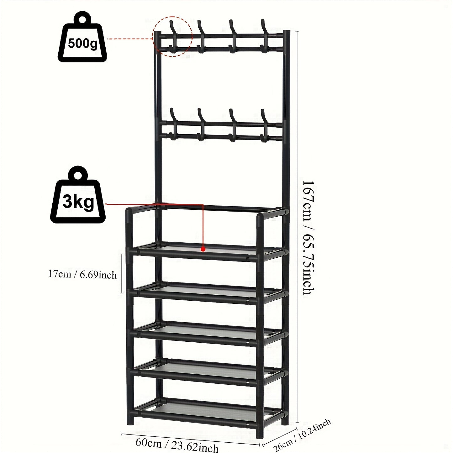 3-in-1 shoe rack with metal hooks and dust cloth, perfect for entrance, living room, or bedroom. Easy to assemble and move, provides sturdy storage.