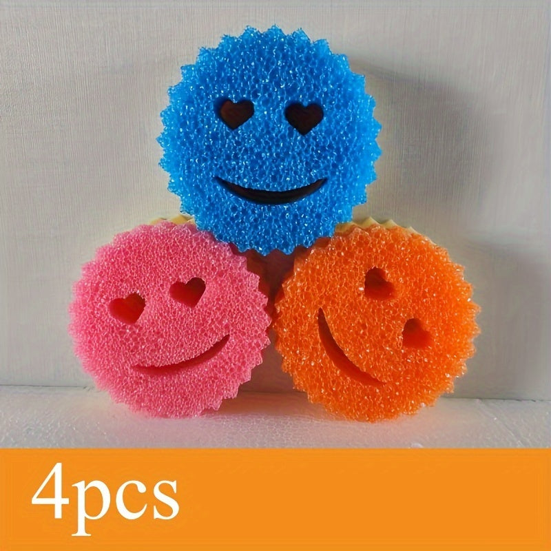 Four double-layer temperature-sensitive scrub sponges with a modern round fast-drying design featuring cartoon characters. Great for use in the kitchen, living room, car, and on glass surfaces. These multi-functional household sponges are perfect for a