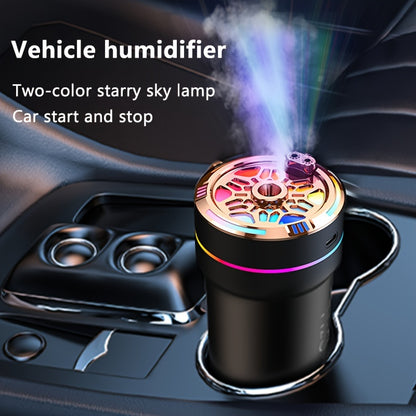 Compact car humidifier and air purifier with starry sky light, USB powered, essential oil compatible, automatic start/stop, for a fresh and moisturized vehicle interior.