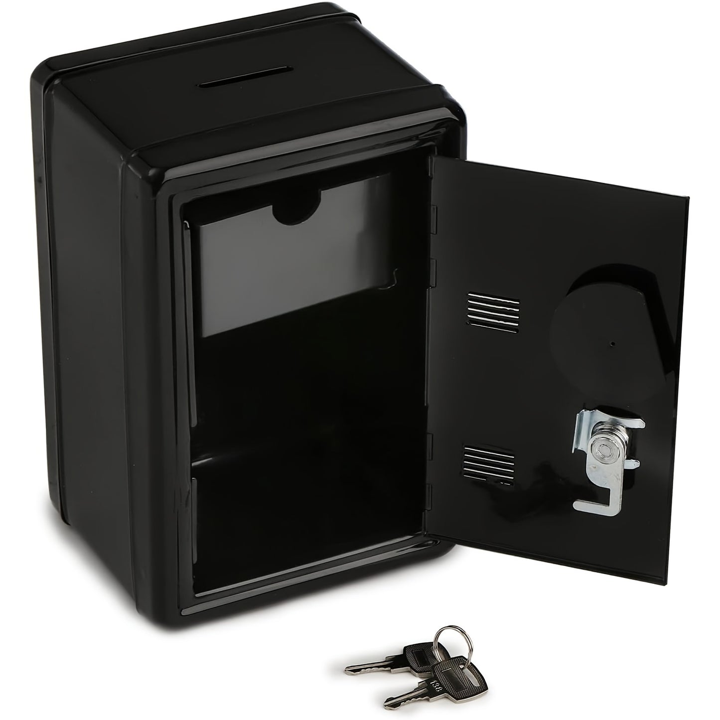 One unit metal piggy bank with key and combination lock, pull-out drawer, ideal as gift.