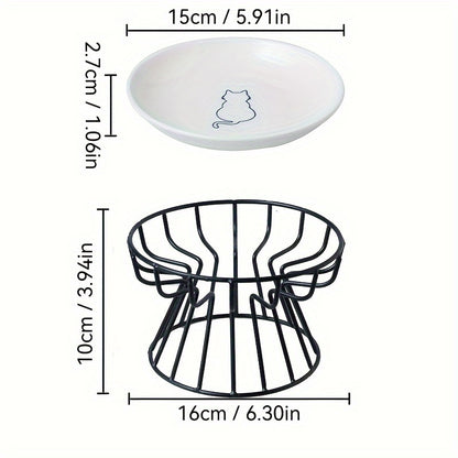 Ceramic cat bowls with stand, raised for neck protection, whisker-friendly design with cat silhouette.