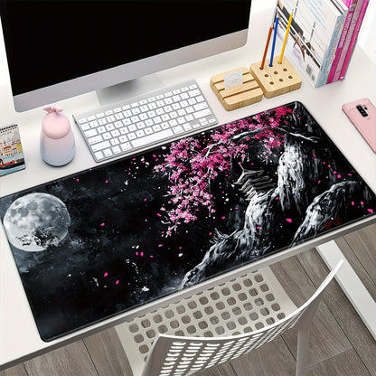 Cherry Blossom & Moon Artistic Mouse Pad - Non-Slip Rubber Base, Precision Stitching, Extended Large Mat for Gaming, Office, Study, Natural Rubber Material, Vibrant Colors, Durable Design