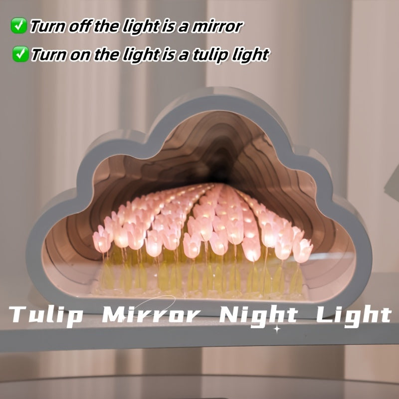 Artistic tulip cloud LED night light with mirror sea effect, handcrafted for cozy bedroom ambiance.