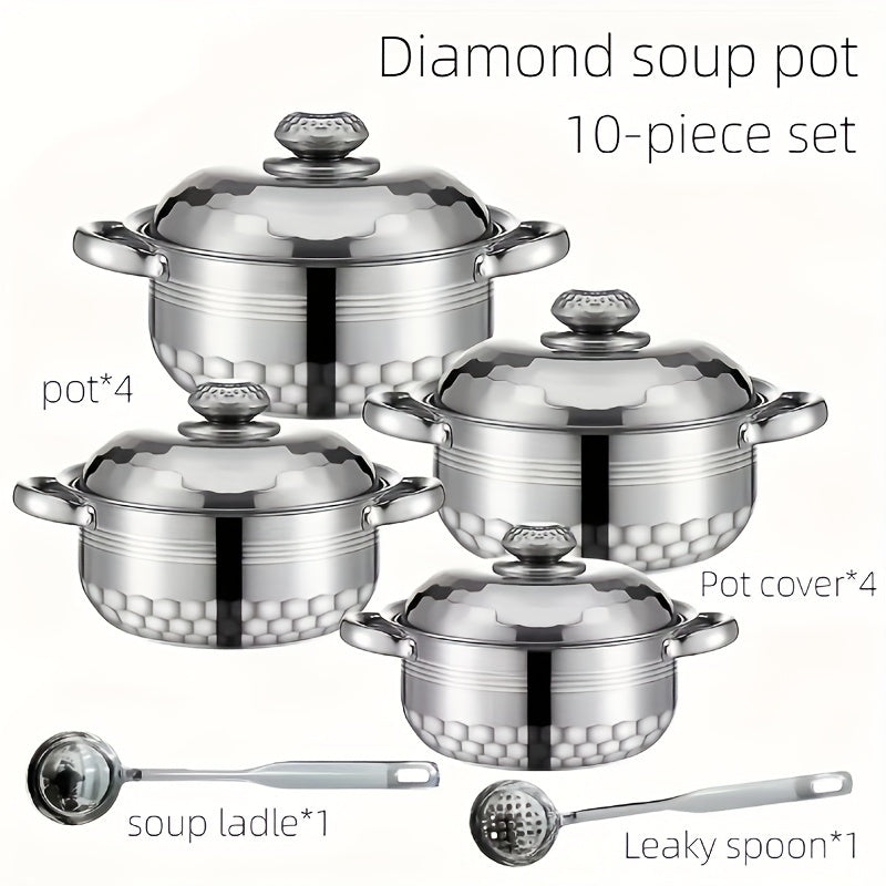 Set of 10 Stainless Steel Cookware Pieces with Lids and Spoons - 4 Pots Included, Featuring Double Handles for Convenient Handling, Ideal for Soups, Hot Pots, Noodles, and Seafood - Suitable for Use on Induction and Gas Stoves