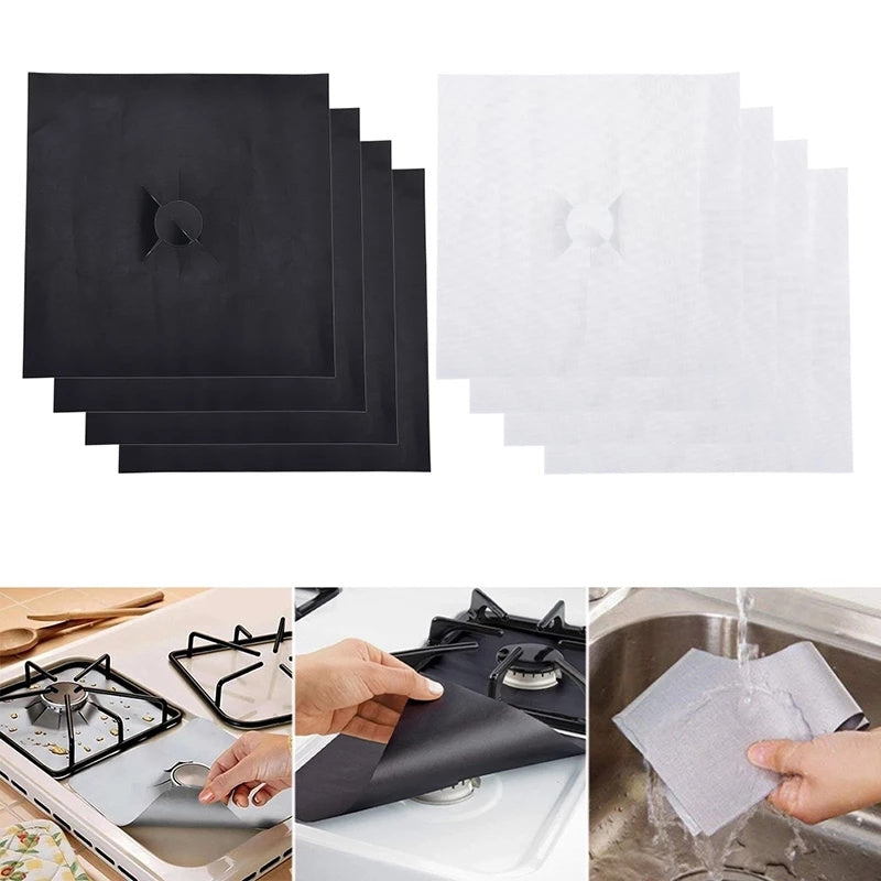 Set of 2 fiberglass stove top protector covers that are non-stick, reusable, waterproof, and easy to cut to fit. No electricity required, perfect for gas stoves in the kitchen.