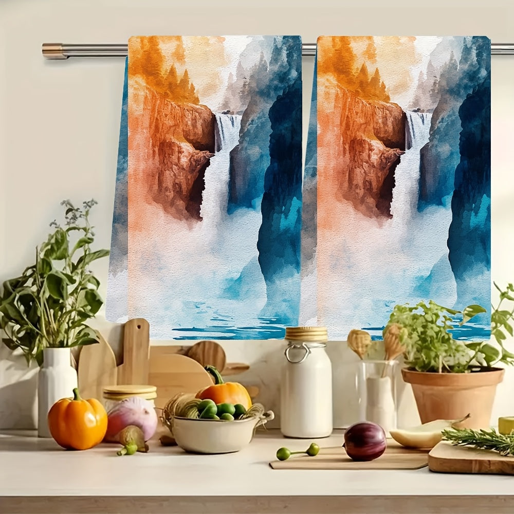 Set of 2 Ultra Soft Kitchen Towels featuring a Vibrant Design of Lower Falls at Yellowstone National Park. These Highly Absorbent and Machine Washable Dish Hand Towels measure 40.64x60.96 cm - Perfect for Holiday Decor and Everyday use in the kitchen.