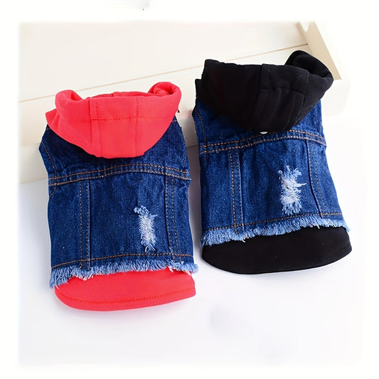 Dog jeans jacket hoodie for small dogs, autumn apparel.