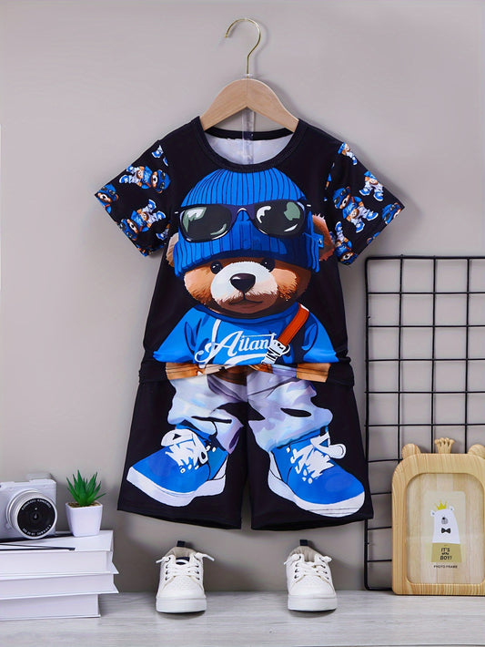 Boy's casual outfit with bear print top and shorts